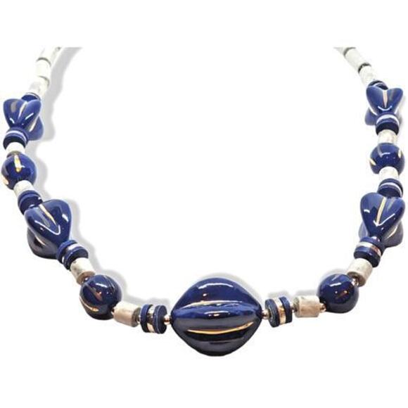Vintage Necklace Chunky Retro Japan Cobalt Blue Gray Beads 80s Style 26" - Picture 4 of 8